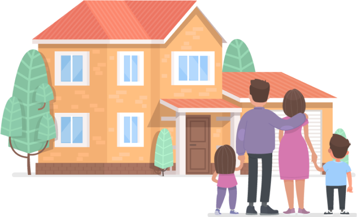 Main Home 7 Cartoon family stands in front of a home.