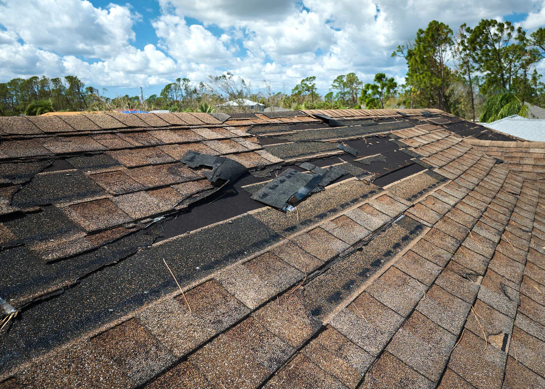 Roof-with-missing-shingles Roof with shingles missing and torn up.