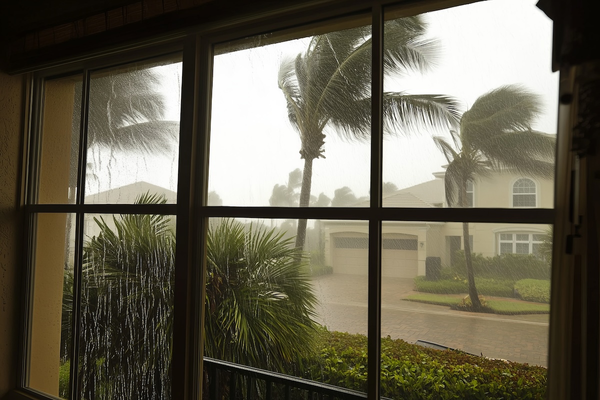 View through a rain-covered window showing heavy rain and strong winds bending palm trees outside, with a neighboring house and wet driveway visible in the background.
