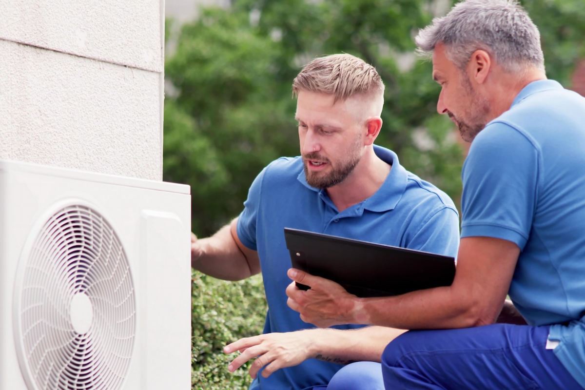 Two HVAC technicians in blue uniforms examining an outdoor air conditioning system, one holding a clipboard.