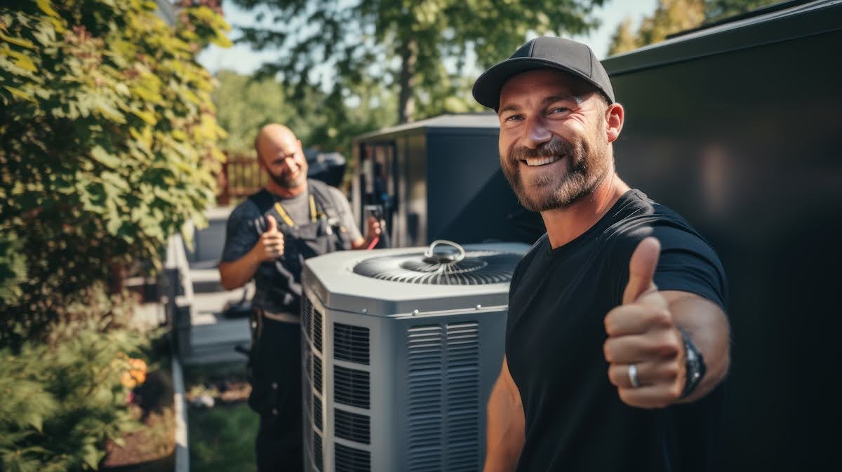Two HVAC technicians smiling and giving thumbs up next to a newly installed outdoor air conditioning unit on a sunny day, surrounded by greenery.